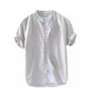 Men's Summer White Linen Shirt - Short-Sleeve, Stand-Up Collar, Japanese Business Casual Style, Loose Fit.