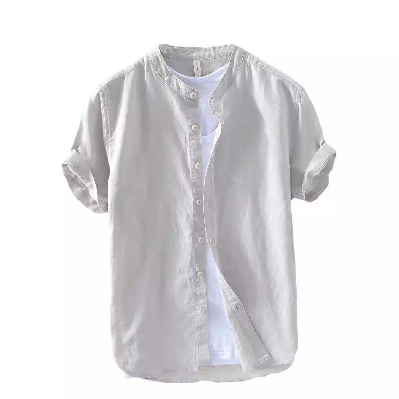 Men's Summer White Linen Shirt - Short-Sleeve, Stand-Up Collar, Japanese Business Casual Style, Loose Fit.
