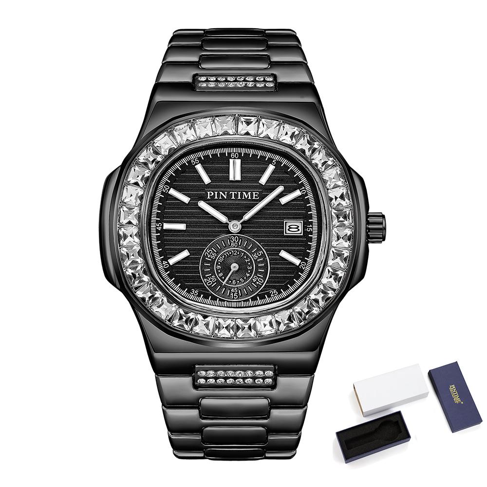 Business Men's Watches Shiny Diamond Case Fashion Quartz Wristwatch Stainless Steel Strap Waterproof 30M Calendar Reloj Hombre