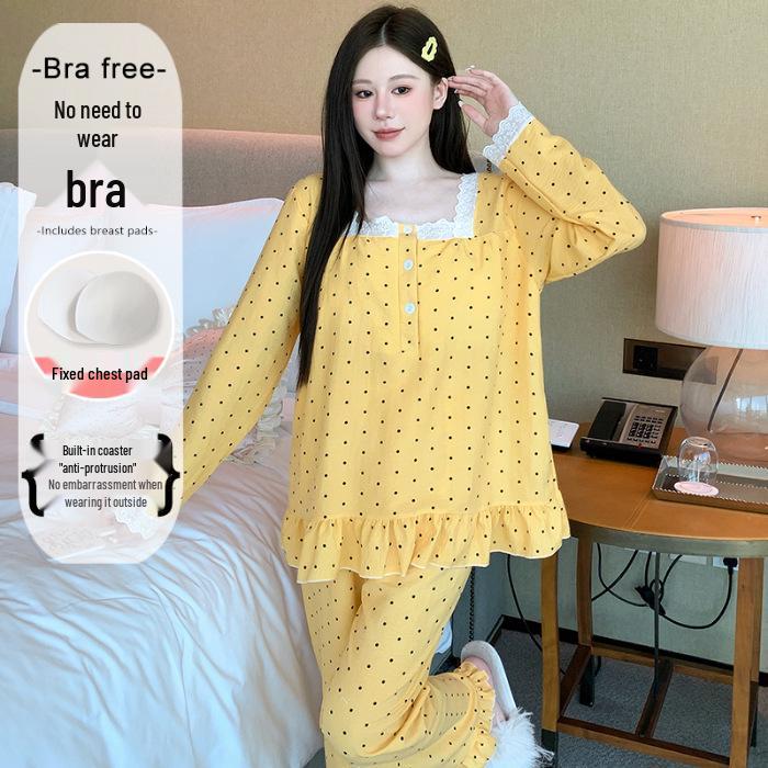 Yellow Sweet Princess Long Pajamas with Chest Pad - Korean Cloud Cotton, Plus Size, Spring/Autumn Style