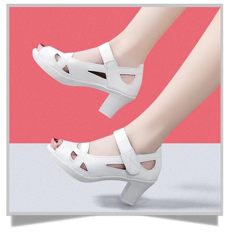 Women's Sandals 2025 Summer New Retro Fish Mouth Hollow Breathable Sandals Thick Heel Soft Bottom Roman High Heel Sandals