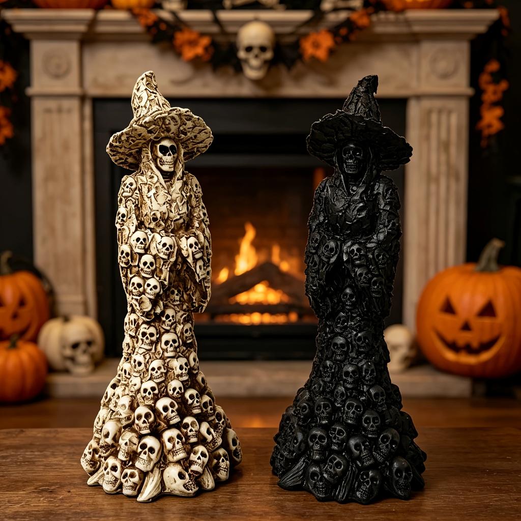 Dark Gothic Skull & Witch Resin Statue for Halloween Decor, Tattoo Shops, and Horror Collectibles