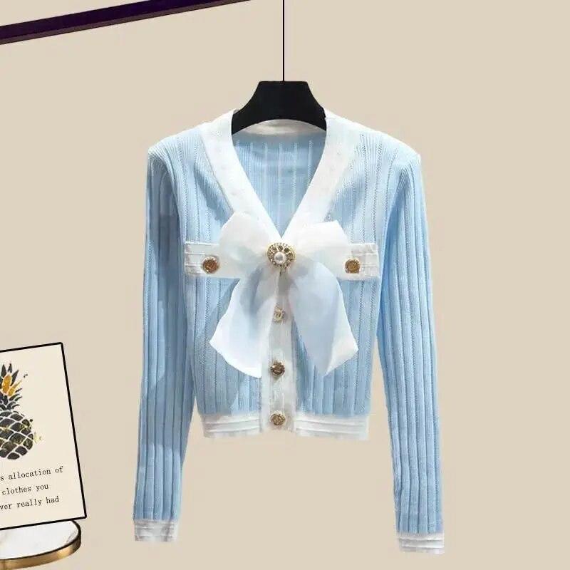 Autumn Korean Style Knitted Sweater Cardigan Button Decoration Wide Leg Pants Two Piece Elegant Women's Pants Set