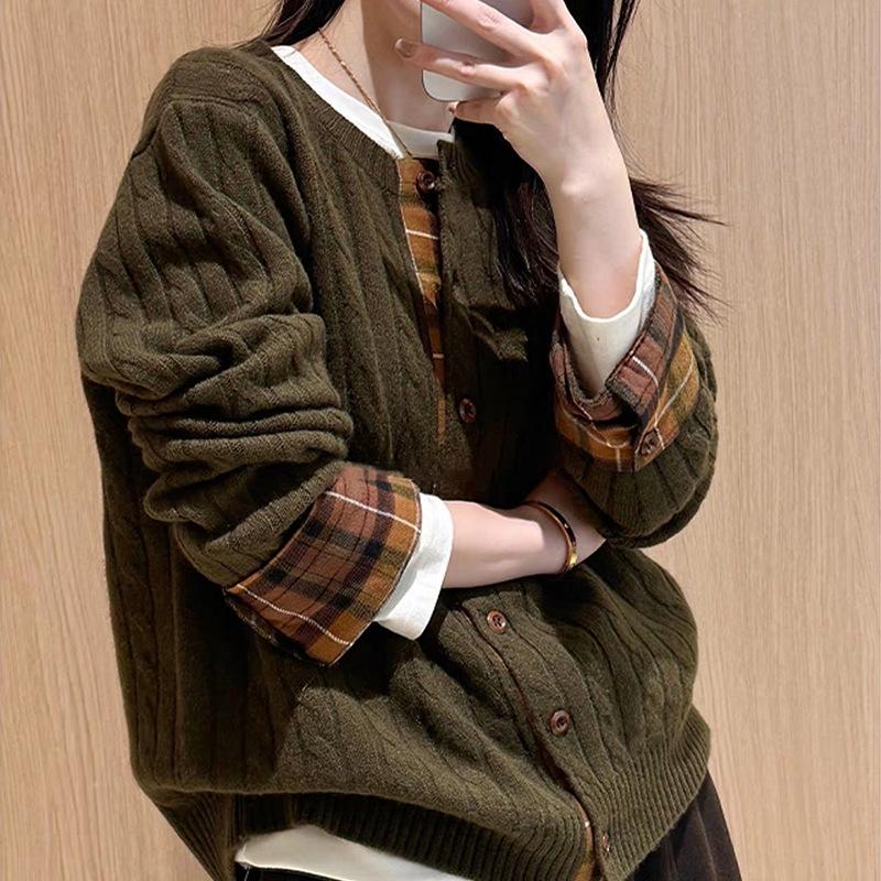 Korean Faux Two-Piece Plaid Patchwork Loose Wool Knit Cardigan for Women - Autumn/Winter High-End Sweater
