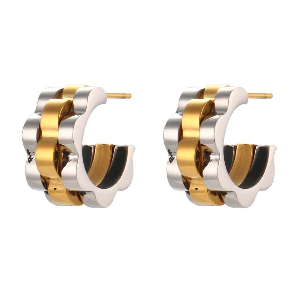 Punk Stainless Steel Strap Textured CC Earrings Cool Gold and Silver Mixed Color 18K Gold Plated Waterproof Earrings for Women