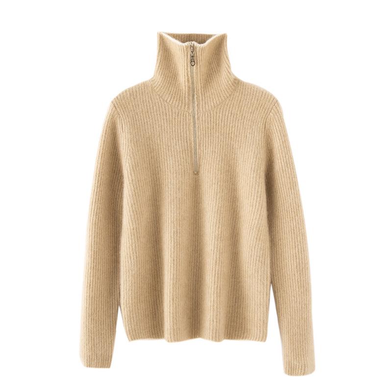 2024 Autumn/Winter Women's High-Neck Cashmere Half-Zip Sweater - Loose Fit, Cozy and Stylish