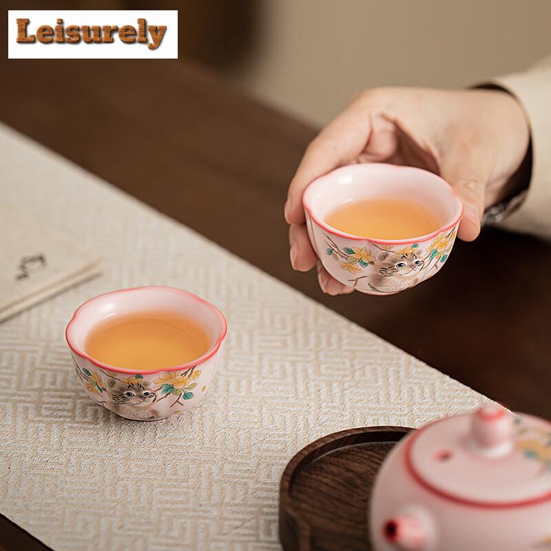 50ml Lard Jelly Frozen Ru Kiln Pink Porcelain Teacup Yellow Cat Tea Bowl Flower Mouth Cup Tasting Personal Mug Kung Fu Teaset