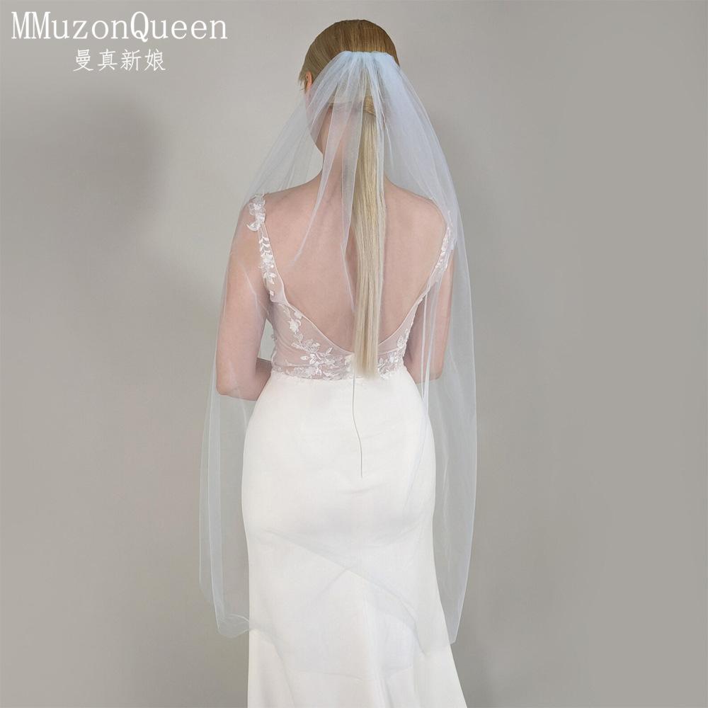 Plain Solid Color Tulle Bridal Veil Single Layer Soft Flowy Simple Wedding Veil White Lavender Light Blue Floor Length Veil For Bride Elopement Shoot