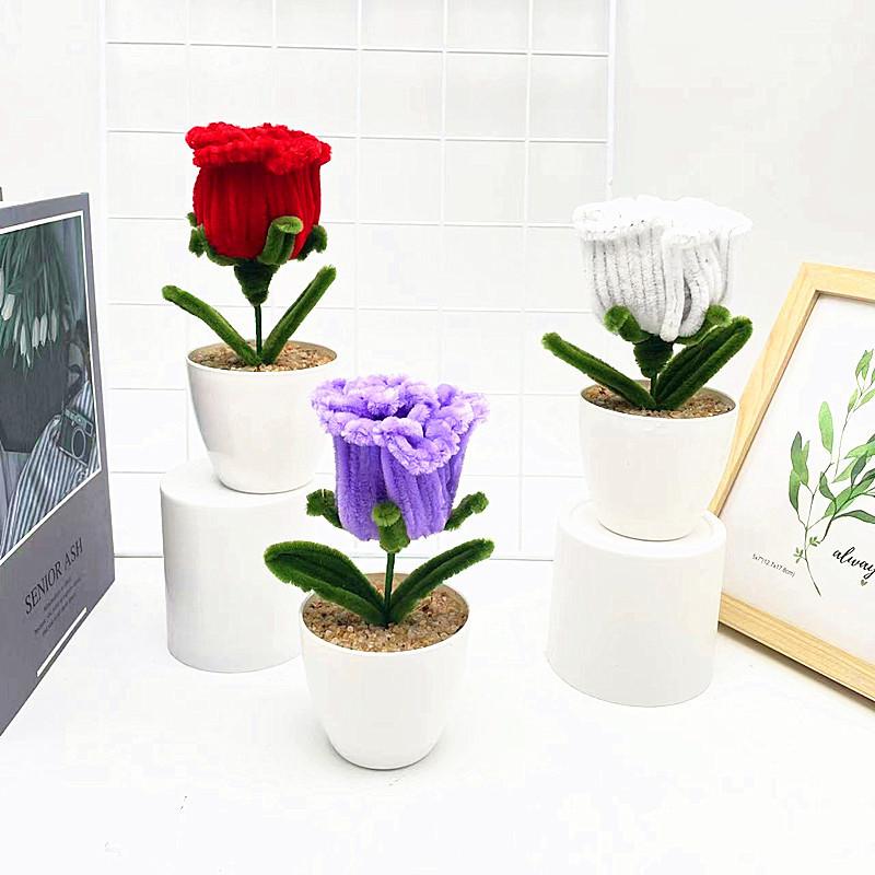 Multi Colored Plush Twisted Rod Rose Potted Desktop Decoration Ornament For Office Decor