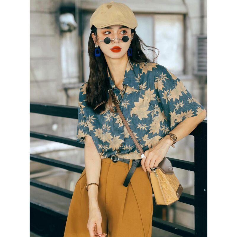 Hong Kong Style Retro Printed Short-sleeved Shirt for Women Summer New Loose and Versatile Niche Design