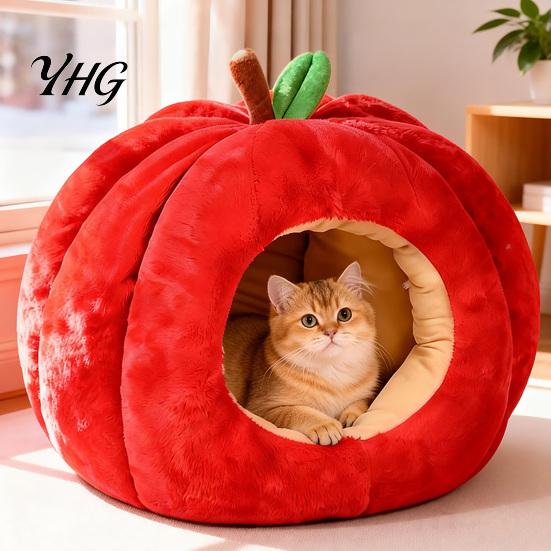 Removable Inner Pad Pet Cave Apple-Shaped Cat Bed, Plush Hideaway with Cushion, Warm Soft Cotton Sleeping Bag Cozy Enclosed Bed for Small Dogs