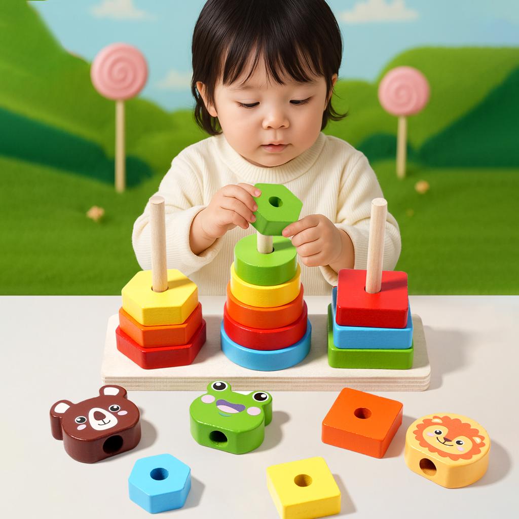 Wooden Rainbow Animal Stacker Gift Fine Motor Skill Sorting & Stacking Toys Geometric Stacker for Boys and Girls Baby Toddlers