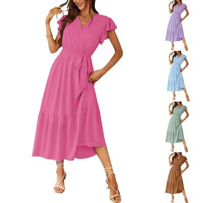 Lässiges Kleid mit V-Ausschnitt und Rüschen in Volltonfarbe für Damen