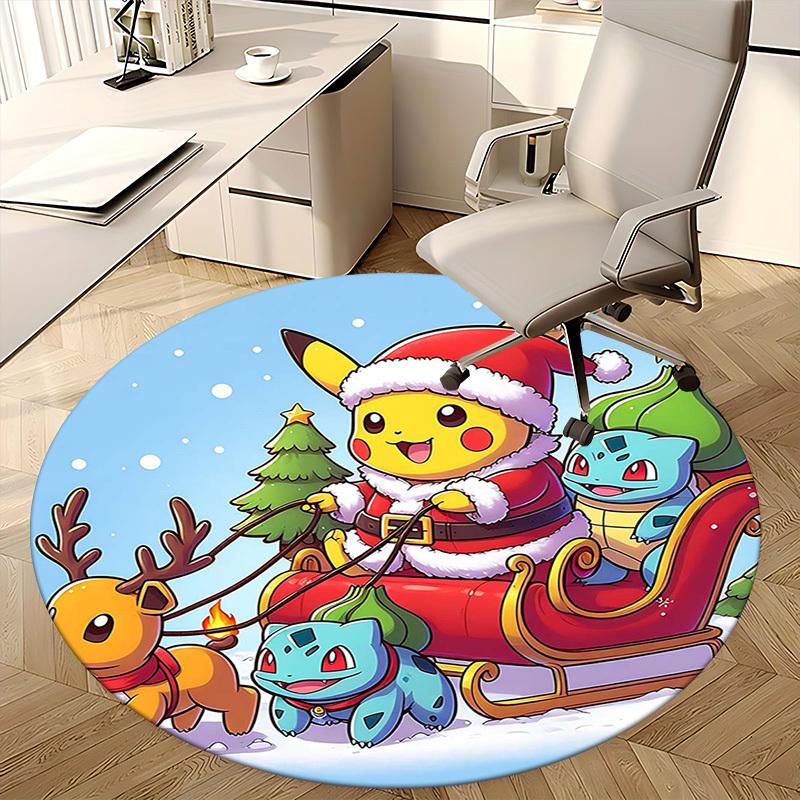 1pc Christmas Pikachu Santa Claus Round Carpet - Anime Design, Holiday Gift, Office Chair Mat, Non-Slip Rug for Home Decor, Living Room