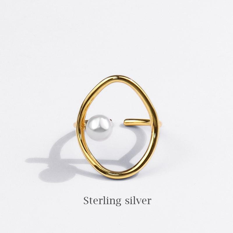 Geometric Hollow Simulated-pearl Ring for Women Silver Simple Line Open Rings Jewelry Accessory