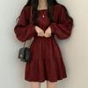 Vintage Square Collar Pleated Dress - Slim Fit, High Waist, Age-Reducing Korean Style for Girls