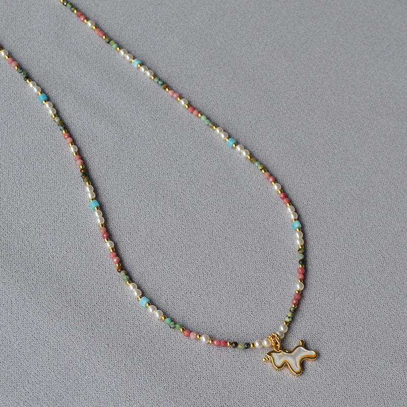 Colorful Unicorn Pendant Necklace with Imitation Pearls & Genuine Stone Beads, Inspired by Japanese & Korean Niche Design