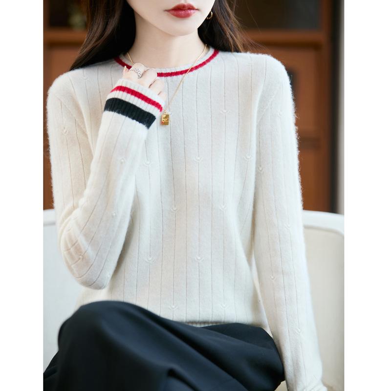 Women's 100% Pure Wool Color Block Round Neck Long Sleeve Seamless Sweater - New Autumn/Winter Style
