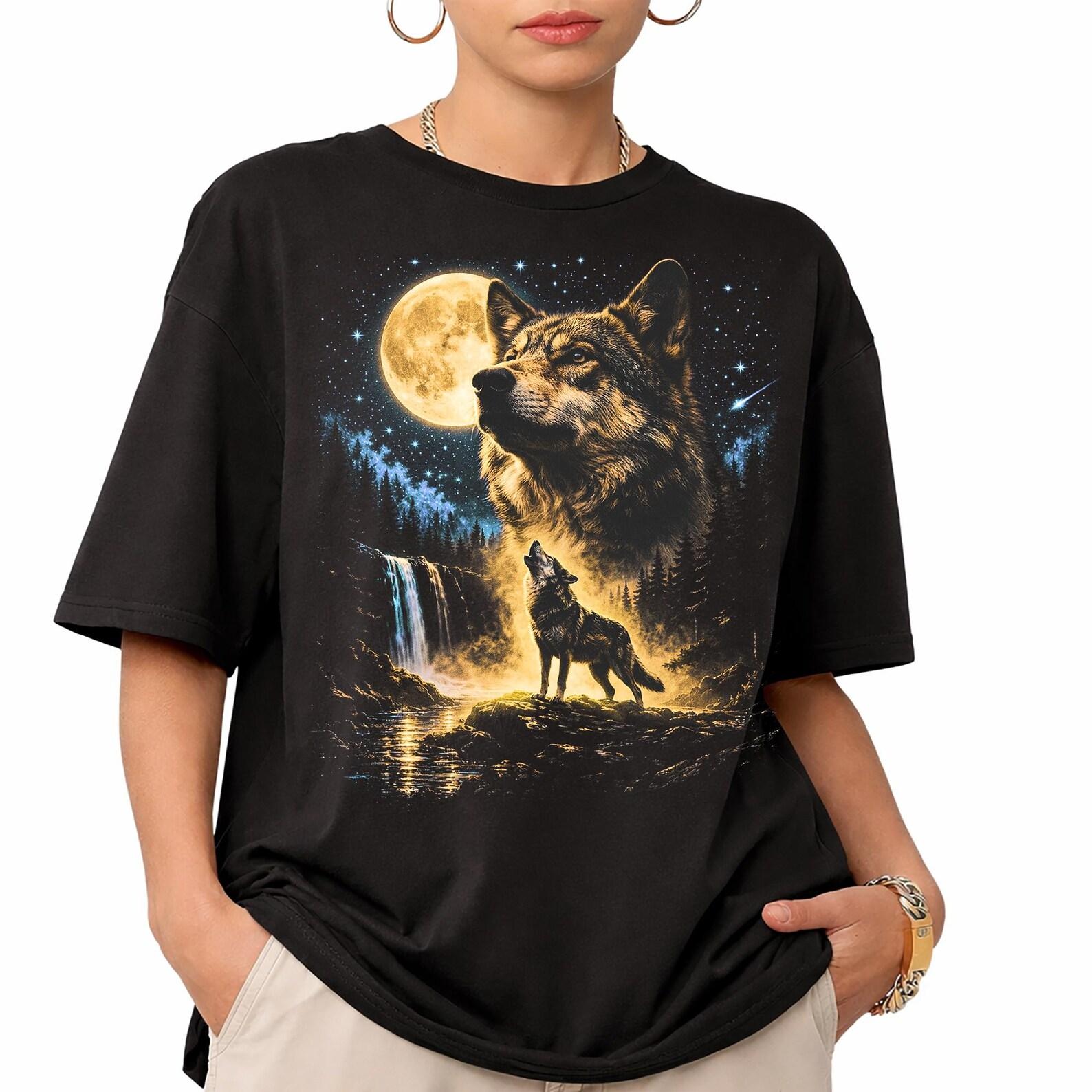 Wolf Howling Moon Shirt, Vintage 90s Spirit Animal Nature Tee, Streetwear T-Shirt XL