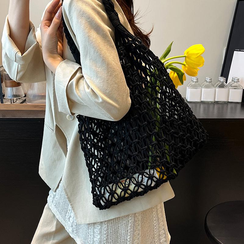 and-Woven Bag Women Handmade Hollow Handbag Female Shoulder Bag Big Capacity Summer Casual Travel Beach Tote Purse