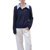 Polo collar splicing fake two-piece knitted sweater top autumn and winter new soft waxy and thin temperament sweater pullover women