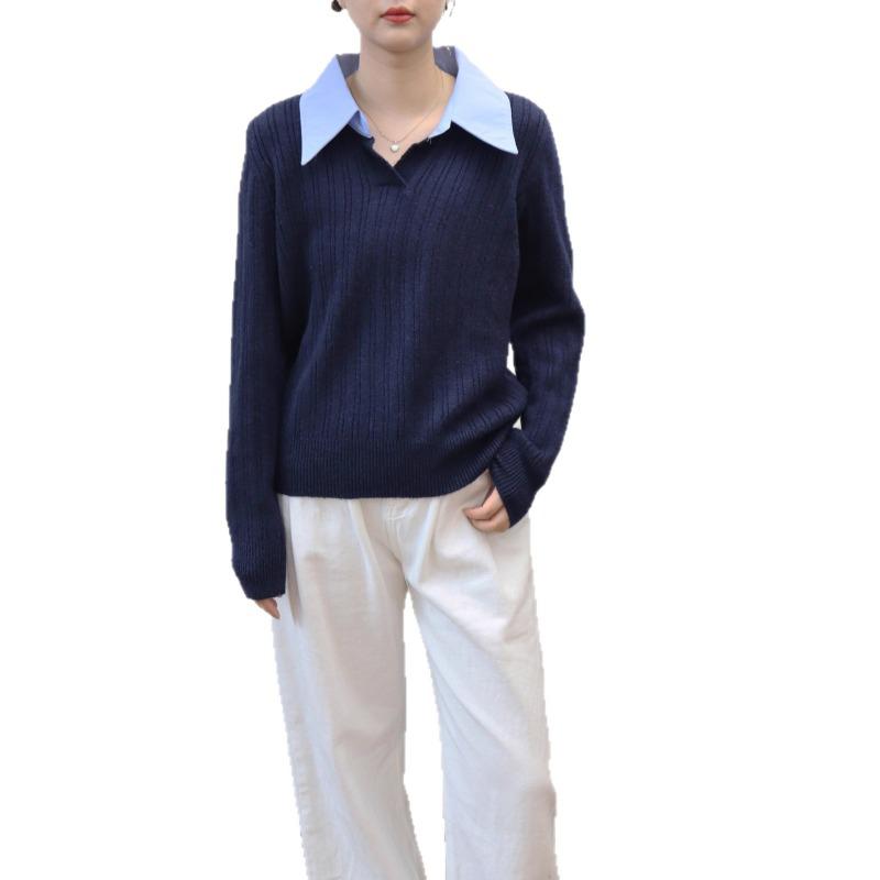 Polo collar splicing fake two-piece knitted sweater top autumn and winter new soft waxy and thin temperament sweater pullover women