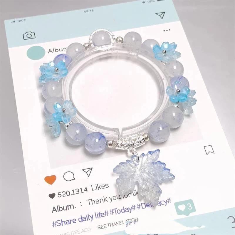 Crystal Beaded Bracelet Cute Leaf Pendant Lucky Blessing Hand Chain Fashion Accessory for Girls Daily Outfit