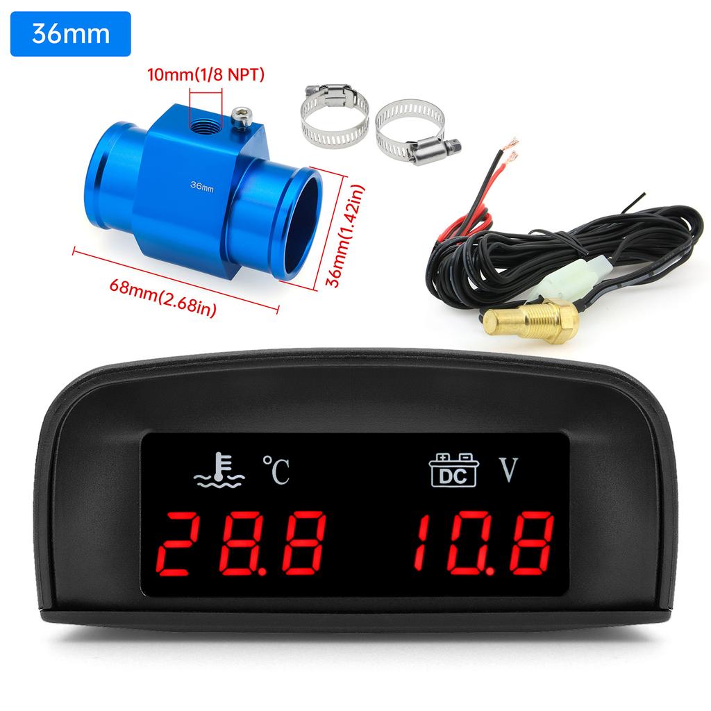 2 In 1 Car Water Temperature + Voltage Gauge LCD Display Digital Water Temp Gauge Voltmeter With 1/8 NPT Sensor Adapter 12V 24V