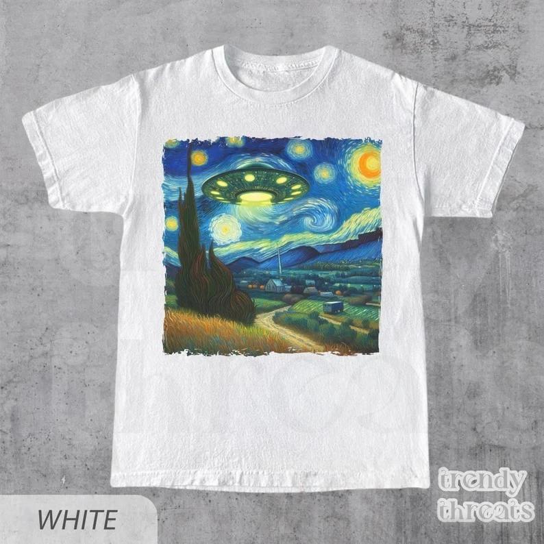 UFO Starry Night Graphic T-Shirt, Stylish Outer Space Design, Daily Casual Tee, S