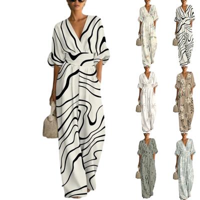 Dames Elegante V-hals Bedrukte Jumpsuit met Tailleband Losse Pasvorm Lange Mouwen Eendelig Outfit voor Casual of Formeel Gebruik