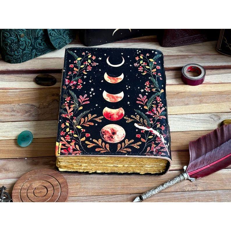 Moon Phase Vintage Leather Journal for Men & Women 200 Pages of Antique Handmade Deckle Edge Paper, Leather Sketchbook, Christmas Gift