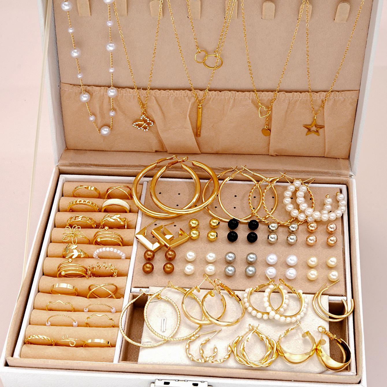 

56pcs/Set Elegant Pearl Earrings Multi-Layered Necklace Ear Studs Rings 4-In-1 Jewelry Set for Women Daily Wear Gift (No Box)