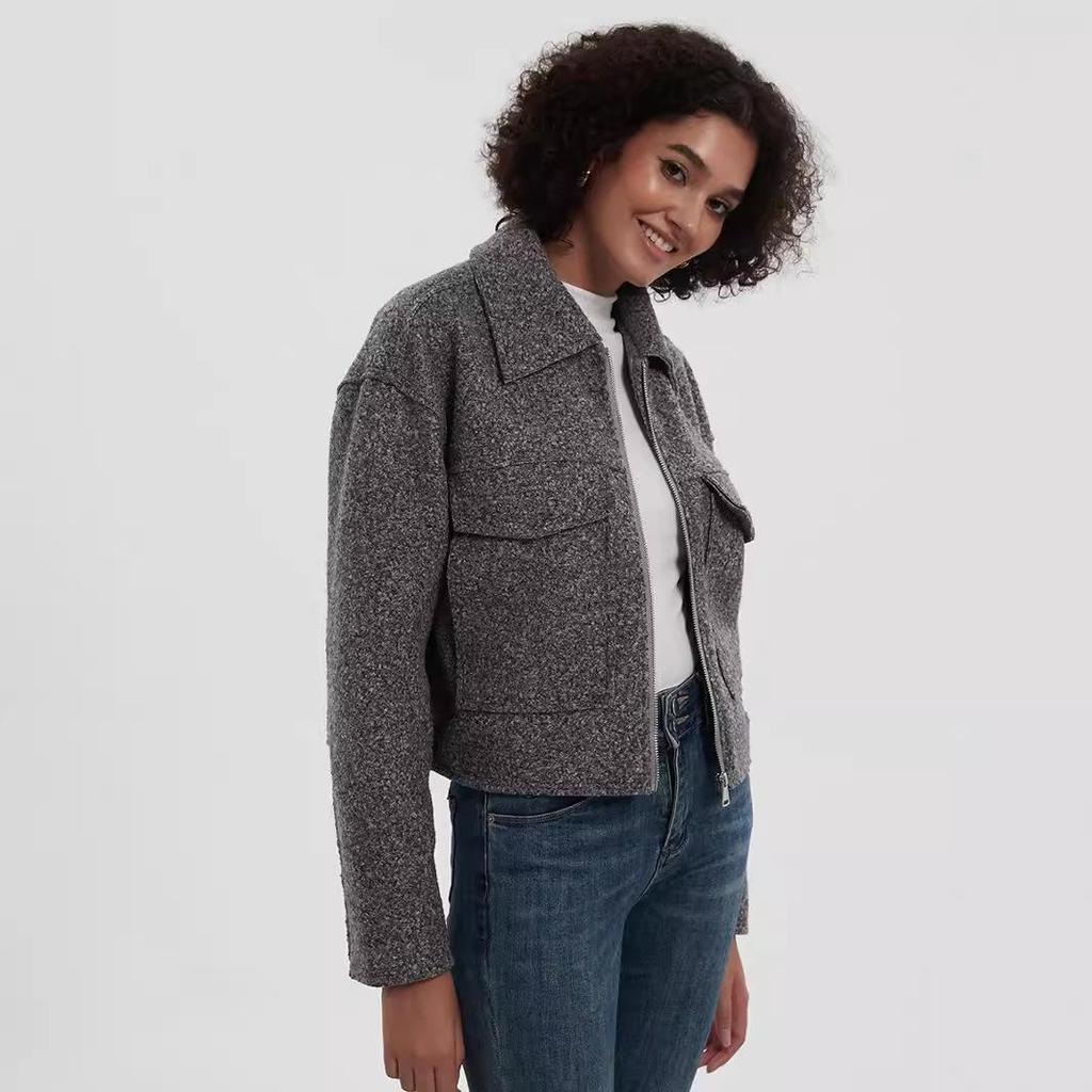 Women's European & American Style Grey Wool Coat with Turn-Down Collar, Large Pockets, for Autumn & Winter