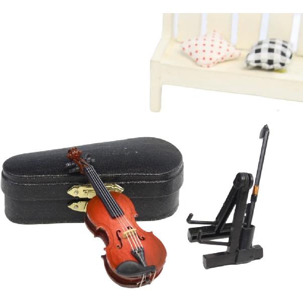 Wooden Miniature Violin with Stand, Bow and Case, Mini Musical Instrument, Dollhouse Model Miniature Home Decoration (3.15")