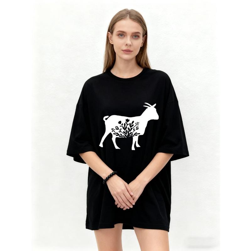 Übergroßes T-Shirt Schwarze Ziege Blumendruck Grafik-T-Shirt Freizeitkleidung für Damen Sommer Mode Lockere Passform Oberteil Streetwear Stil