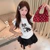 Sweet Spice Girl Fun Puppy Print White Slash Shoulder Short Sleeve T-Shirt Women's Summer New Slim-Fit Design Off-Shoulder Top
