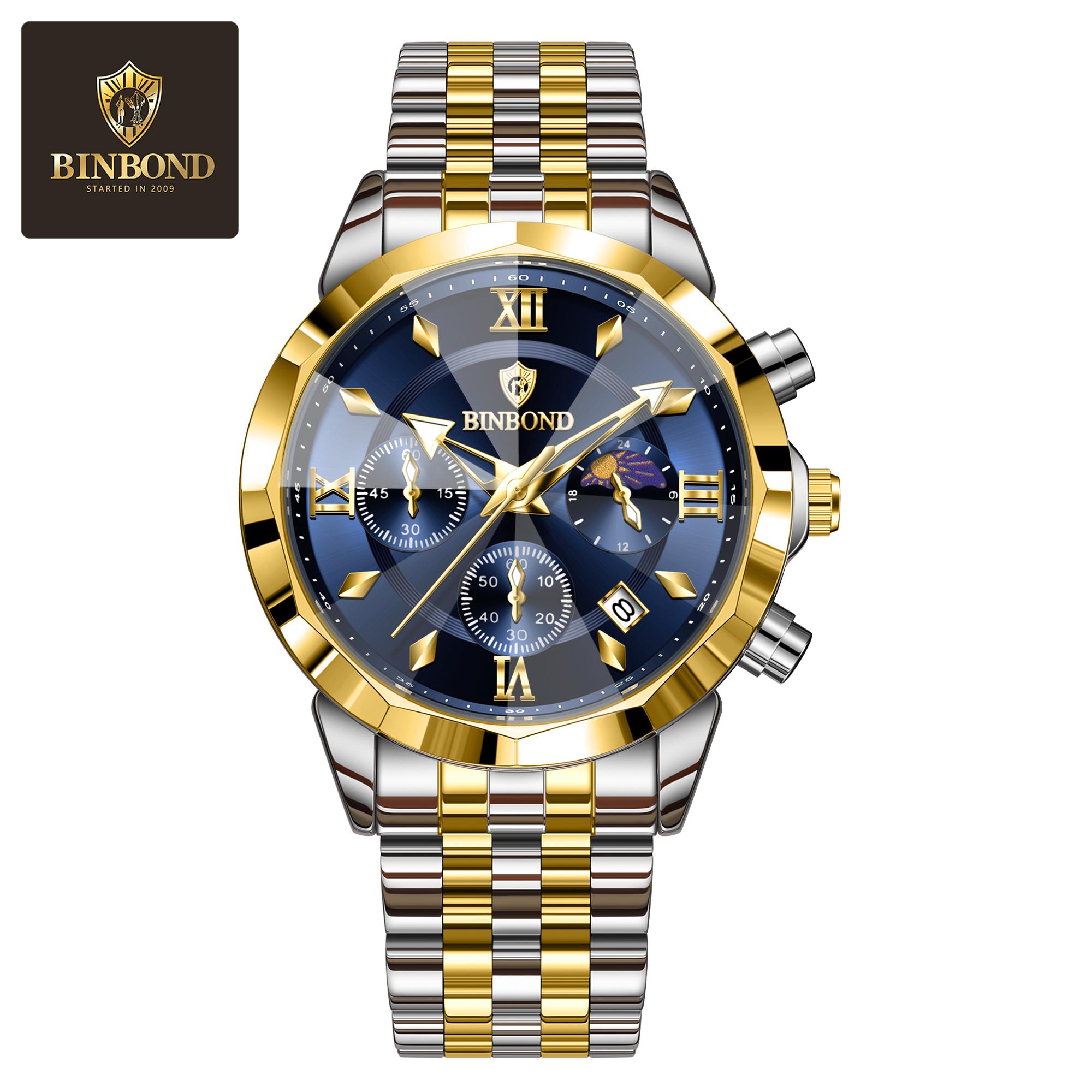 

Mens Watch Business Quartz Watch Stainless Steel Multifunctional Chronograph Watch Moon Phase Reloj