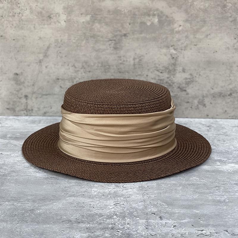 Temperament Promi Flacher Strohhut Japanischer Schlichter Zylinder Damen Sommer Britischer Retro Strandurlaub Sonnenschutz Sonnenhut