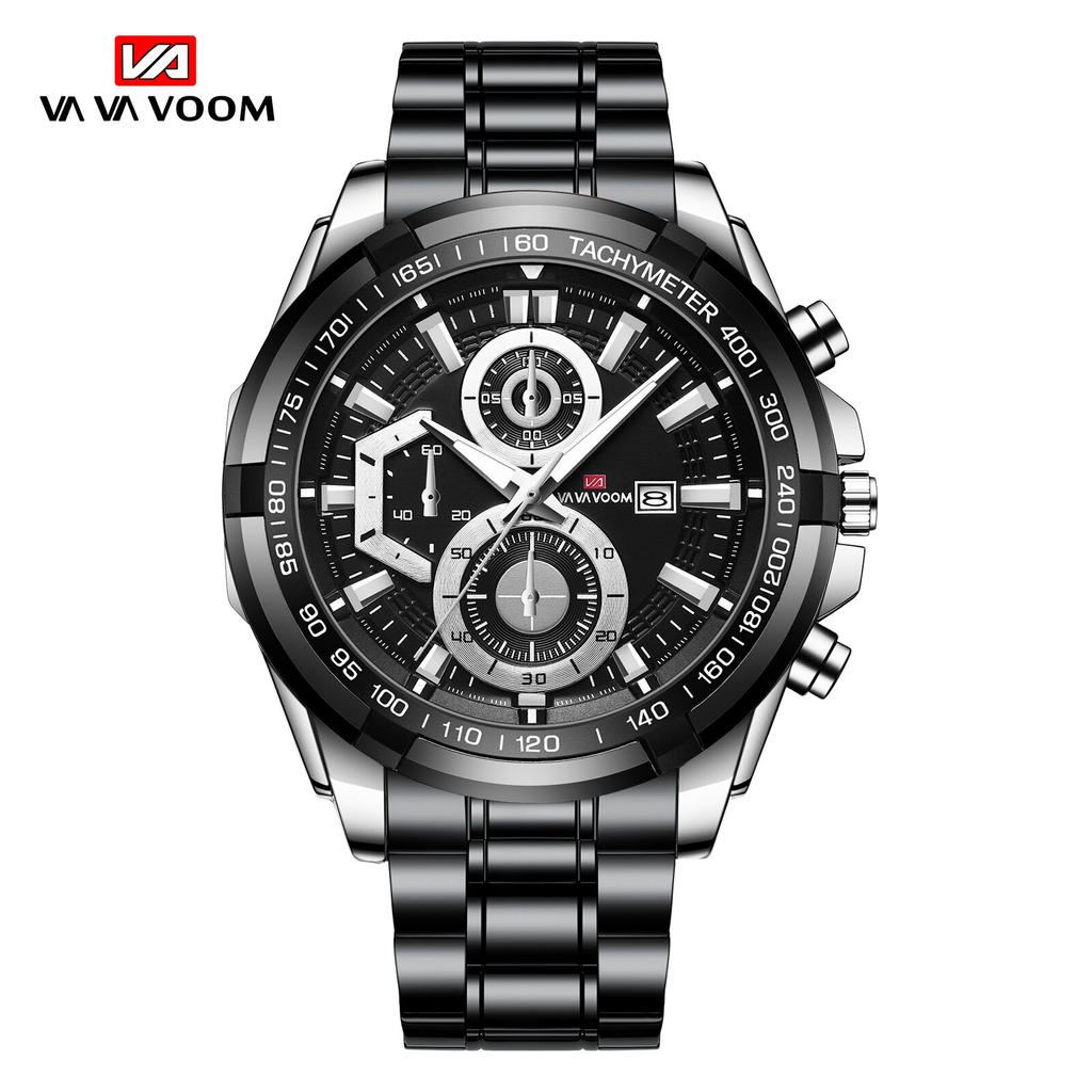 VA VA VOOM Orologi sportivi al quarzo da uomo Cassa in oro rosa moda Cinturino in pelle nera in acciaio inossidabile Calendario Orologio al quarzo impermeabile 30 m Relogio Masculino