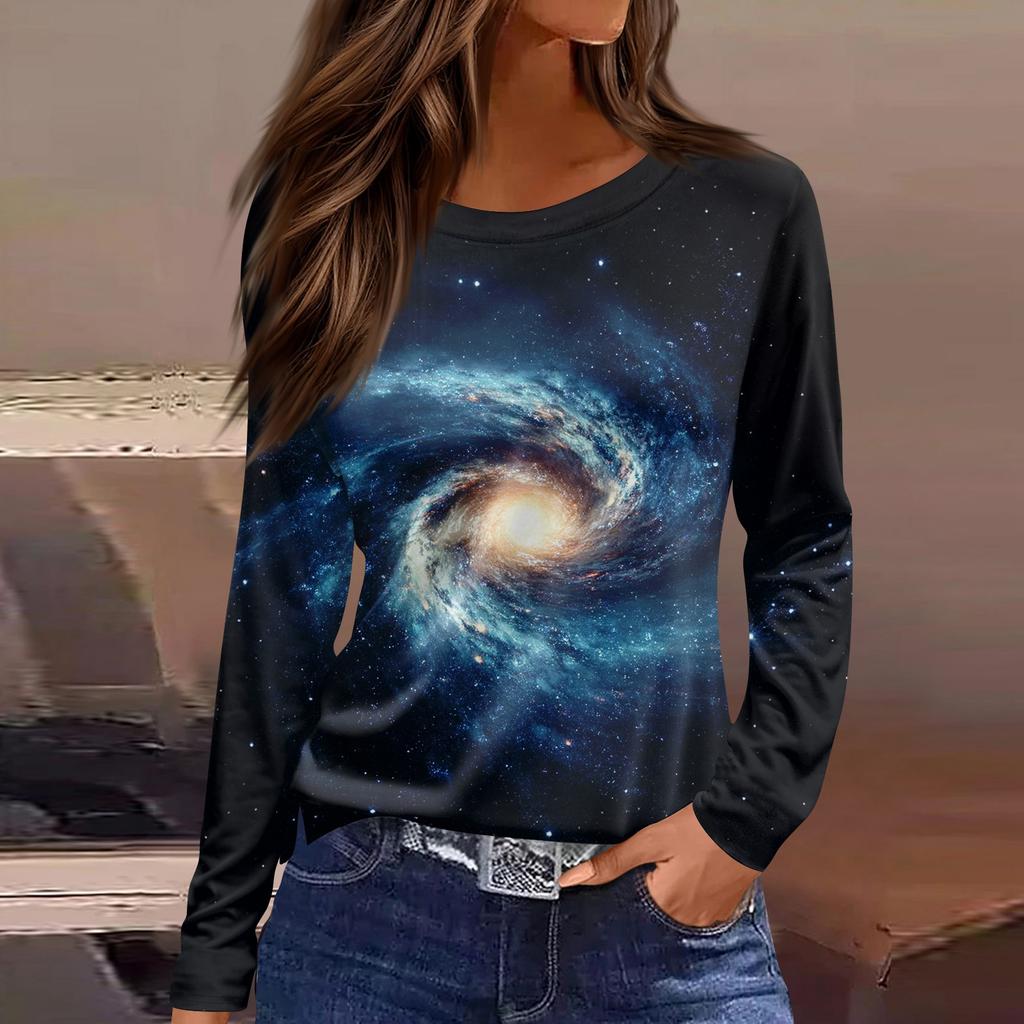 Women's Fashion Casual Slit Hem Round Neck Long Sleeve Loose Printed T,Shirt Ladies Top