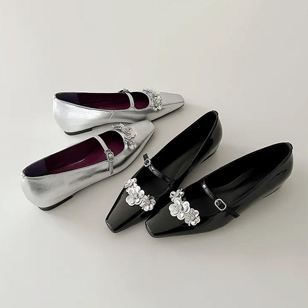 Sheepskin~ French flower silver Mary Jane shoes femininity square head light mouth with skirt inner height-increasing commuting shoes