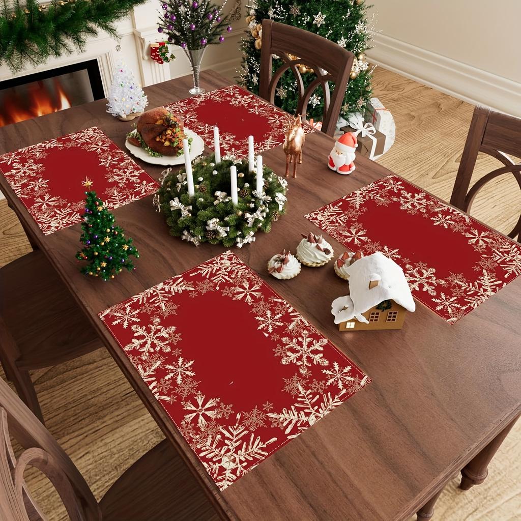 4-Piece Winter Solstice Snowflake Placemats Easy-Clean Winter Solstice Family Feast & Christmas Party Winter Table Decor