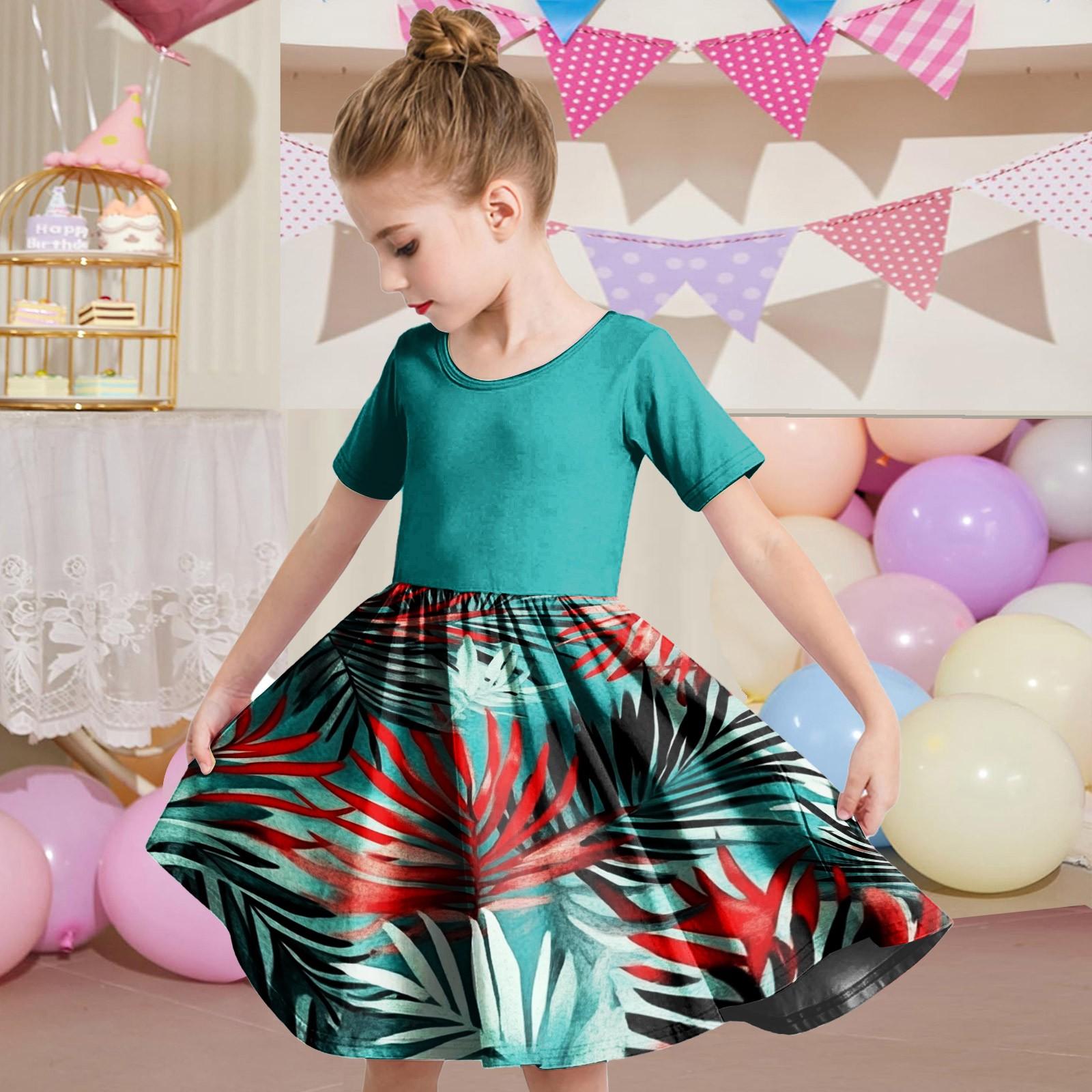 

Летнее платье для девочек, платье для малышей, однотонное повседневное платье-футболка с коротким рукавом А-силуэта 130 зелёный