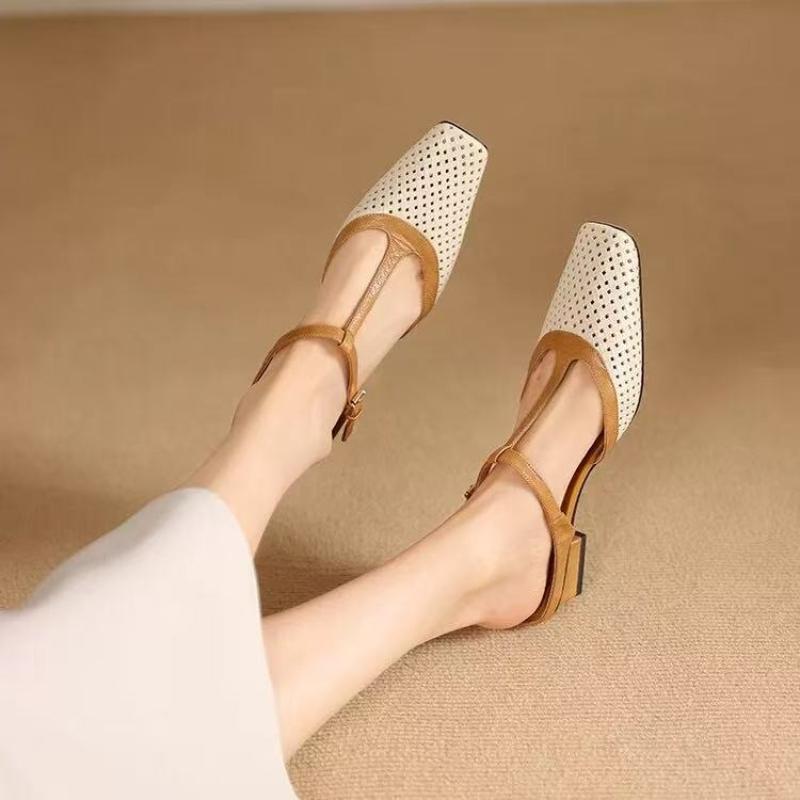 2025 Summer New Women's Hollow-out Cow Leather Metal Buckle Slip-on Mary Jane Flats Slides Sandal Elegant Ladies Shoes