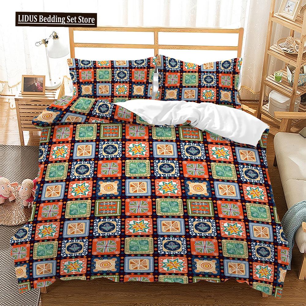 Bohemian Duvet Cover Set 3 Pieces Trellis Striped Ethnic Boho Vintage Quilt King Queen For Boy Girls Teens Polyester Bedding Set