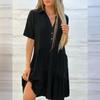 Women's Lapel Collar Linen Short Sleeve Dress Relaxed Fit Solid Color Casual Summer Midi