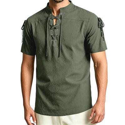 Camicia da Pirata Medievale da Uomo Collo alla Mandarina Allacciatura Frontale e Maniche Corte Manica Corta Rinascimentale Gotica Tunica Casual Top