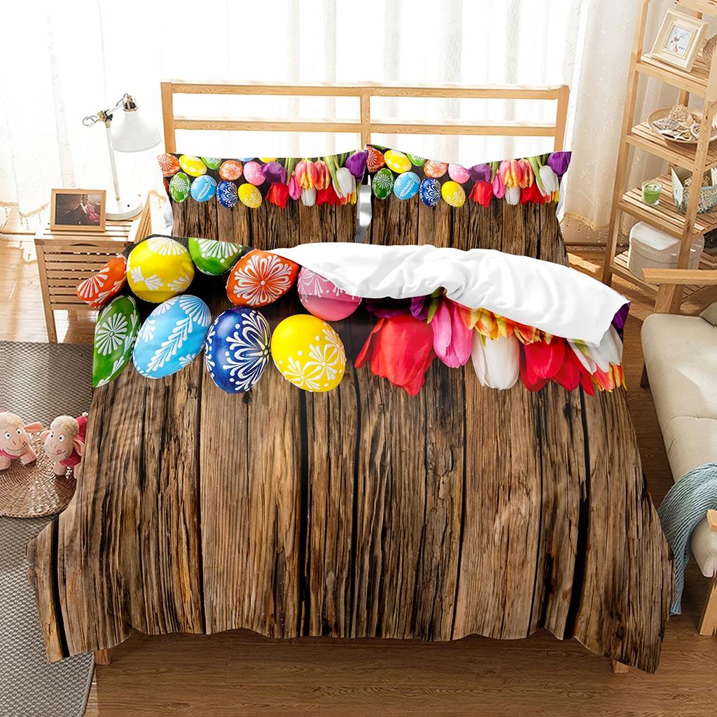 Happy Easter Duvet Eggs Rabbit Pattern Polyester Comforter Cover Festival Gifts for Kids Boys Girls Bedding Set with Pillowcase