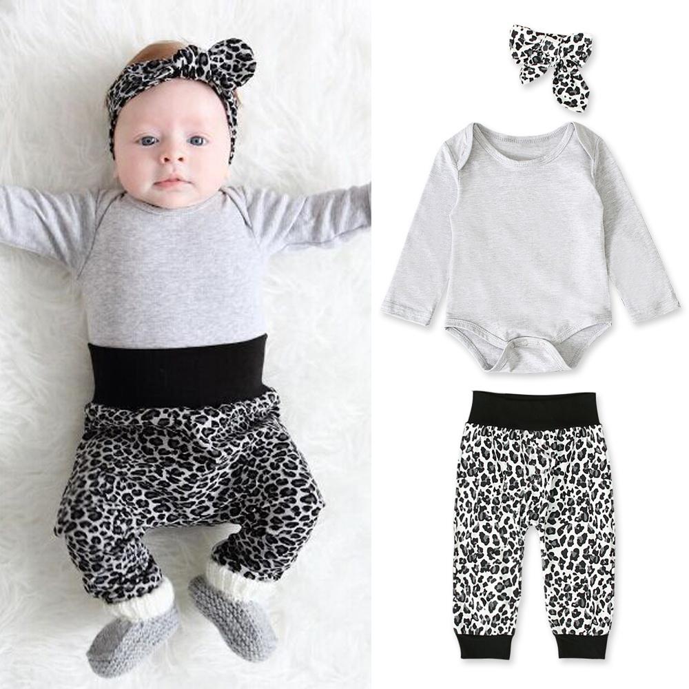 Baby Girls Long Sleeves Romper + Leopard Prints Pants + Headband 3PCS Outfits Clothes for 0-24 Months