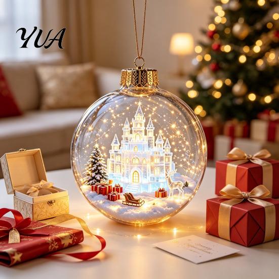 Christmas Gift Exchange Souvenirs Glowing Story Ornament, Mini Holiday Scene Light Up Ball Tree Hanging Ornaments Decoration, Acrylic Clear